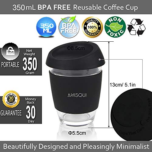 AniSqui Taza de café de Cristal Reutilizable (350ml, sin BPA, Tapa de Silicona ecológica)(Negro)