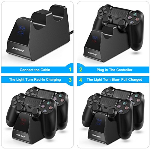 Ankway Cargador para control de PS4, Estación de carga rápida dual para PS4 con indicador LED, Accesorios para control de Playstation 4/PS4 Pro/PS4 Slim