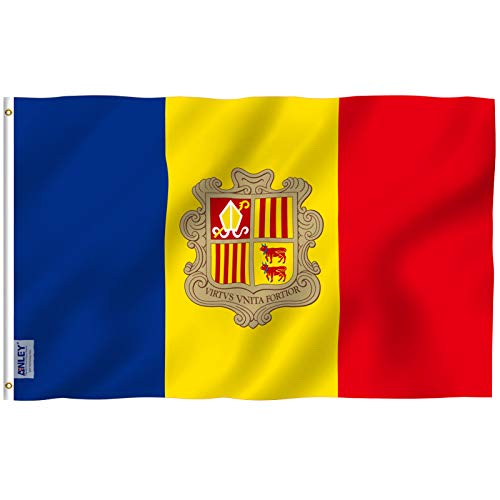 Anley Fly Breeze 3x5 pies Bandera de Andorra - Color Vivo y Resistente a la decoloración UV - Encabezado de Lona y Doble Costura - Banderas andorranas Poliéster con Arandelas de latón 3 X 5 pies