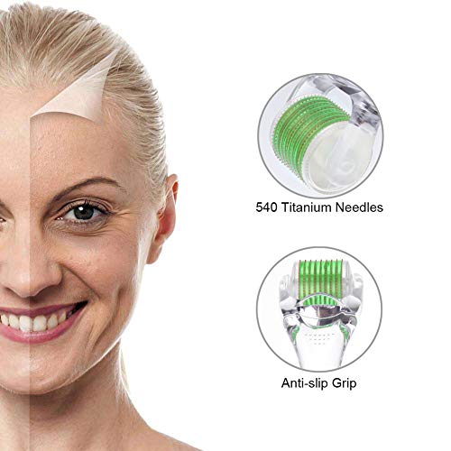 Anmyox - Rodillo dermatológico de microagujas para cara y cuerpo, 540 microagujas de titanio, con estuche de almacenamiento y rodillo de jade
