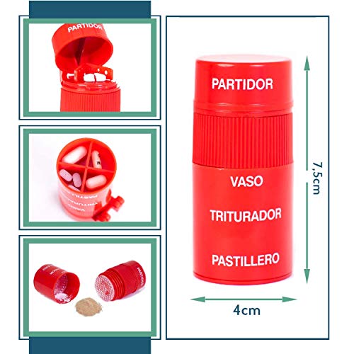 Annote Triturador de Pastillas - Pastillero diario Molinillo Manual - Cortador de Pastillas y Machacador de Pastillas - Pastillero Machacador mas Completo - Divisor de Comprimidos - Rojo