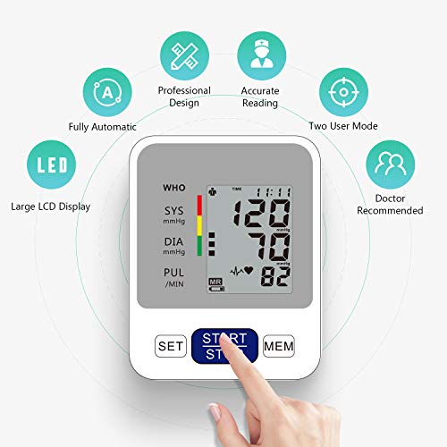 Annsky Tensiómetro de Brazo Digital, Automática de la Presión Arterial y pulso de frecuencia cardíaca detección,2 memorias de usuario (2 * 99),Batería incluida