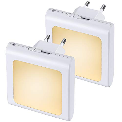 Anpro 2 × Luz Nocturna Infantil Enchufe,Led LED en Blanco Cálido para Pasillos, Dormitorios, Habitaciones Bebé y Niño, Cocinas, Escaleras,Lámpara Pared con Sensor Automático de Crepúsculo a Amanecer