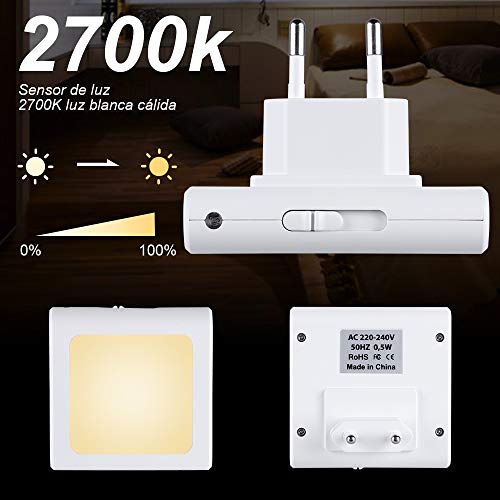 Anpro 2 × Luz Nocturna Infantil Enchufe,Led LED en Blanco Cálido para Pasillos, Dormitorios, Habitaciones Bebé y Niño, Cocinas, Escaleras,Lámpara Pared con Sensor Automático de Crepúsculo a Amanecer