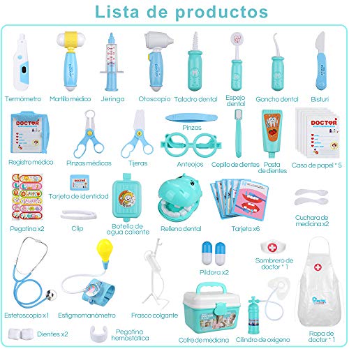 Anpro 46 pcs Kit Maletin de Doctor y Enfermera,Juegos de Niños,Kit de Dentista con Estetoscopio y Abrigo,Regalo para Niños en Fiestas,Cumpleaños,Navidad, Juego de Roles del Doctor