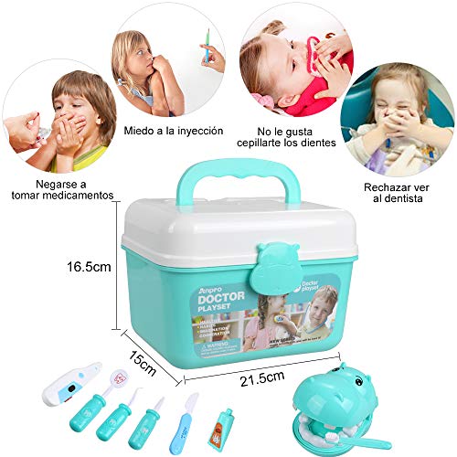 Anpro 46 pcs Kit Maletin de Doctor y Enfermera,Juegos de Niños,Kit de Dentista con Estetoscopio y Abrigo,Regalo para Niños en Fiestas,Cumpleaños,Navidad, Juego de Roles del Doctor