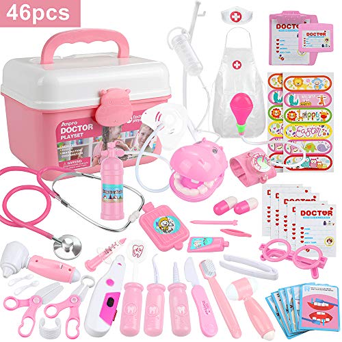 Anpro 46pcs Kit Maletin de Doctor y Enfermera,Juegos de Niños,Kit de Dentista con Estetoscopio y Abrigo,Regalo para Niños en Fiestas,Cumpleaños,Navidad, Juego de Roles del Doctor