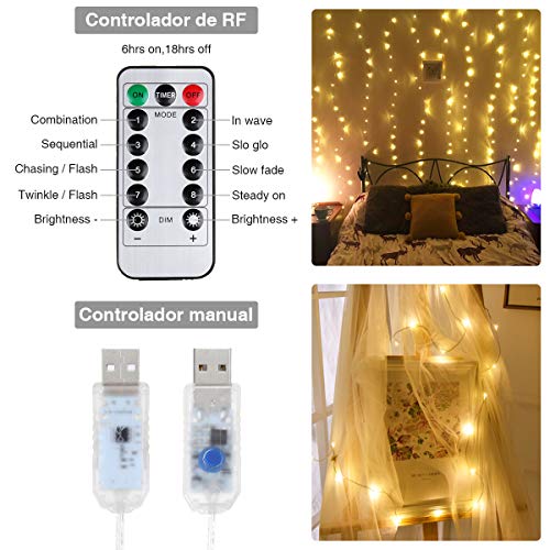 Anpro Luz Cadena Luz de Cortina USB, con 300 Bombillas LED, 8 Modos, Blanca Cálida, 3x3 m