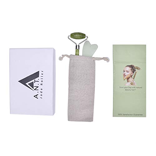 A.N.T. Rodillo de jade para masaje facial, piedra 100% natural con juego de gua sha, sin ruido, beneficios antienvejecimiento, cuarzo rosa
