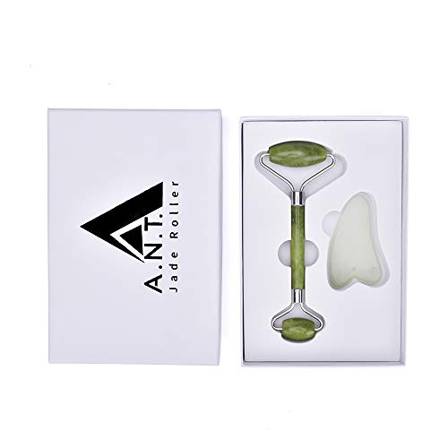 A.N.T. Rodillo de jade para masaje facial, piedra 100% natural con juego de gua sha, sin ruido, beneficios antienvejecimiento, cuarzo rosa