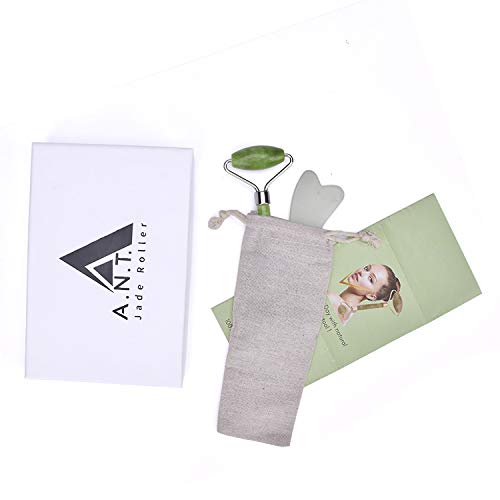 A.N.T. Rodillo de jade para masaje facial, piedra 100% natural con juego de gua sha, sin ruido, beneficios antienvejecimiento, cuarzo rosa