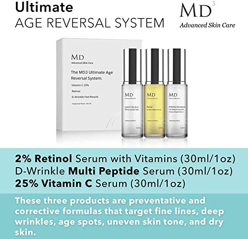 Anti-Ageing - Set de 3 Productos para el Cuidado de la Piel: Sérum Retinol 2%, Crema Antiarrugas D-Wrinkle, Sérum de Vitamina C 25% (30 ml Cada Uno)