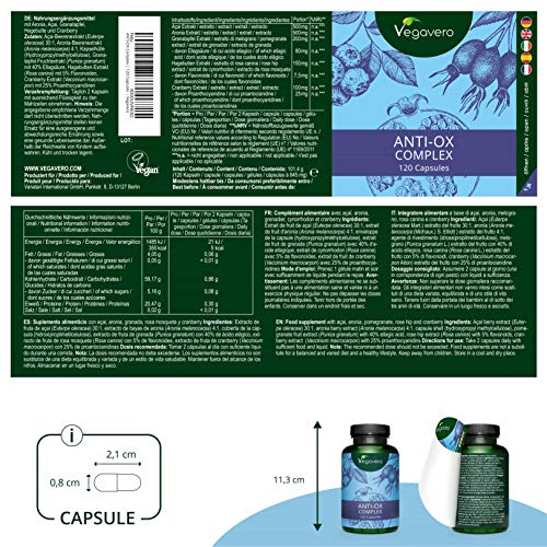 Antioxidante Vegavero® | Antiage en Cápsulas | Acai Berry + Aronia Berry + Rosa Mosqueta + Extracto de Granada + Cranberry (Arándano Rojo) | Rico en Polifenoles + Flavonoides | 120 Cápsulas