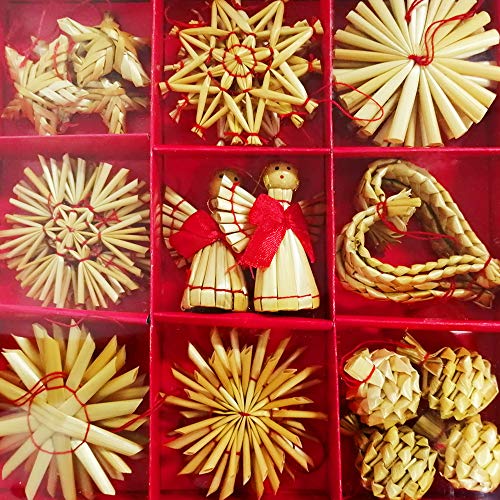 Anyasen 31 Piezas Estrellas de Paja Navidad y Parte Superior del árbol de Navidad de Paja Adornos de árbol de Navidad Ornamento Colgante Decoracion, Copos de Nieve Estrellas ángeles Corazones Piñas