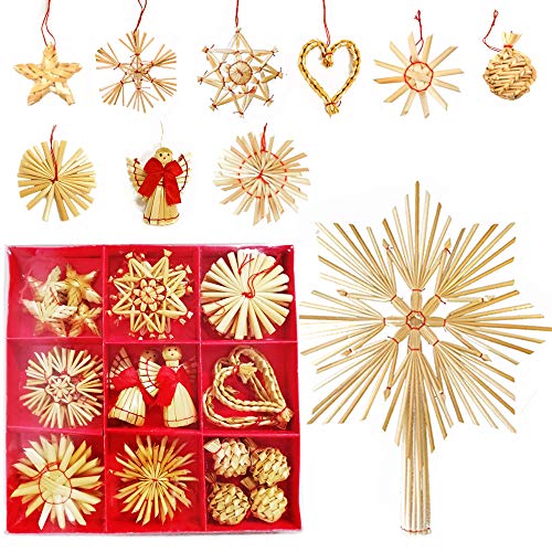 Anyasen 31 Piezas Estrellas de Paja Navidad y Parte Superior del árbol de Navidad de Paja Adornos de árbol de Navidad Ornamento Colgante Decoracion, Copos de Nieve Estrellas ángeles Corazones Piñas