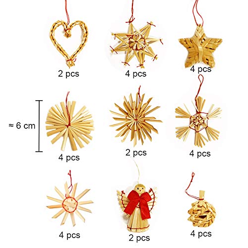 Anyasen 31 Piezas Estrellas de Paja Navidad y Parte Superior del árbol de Navidad de Paja Adornos de árbol de Navidad Ornamento Colgante Decoracion, Copos de Nieve Estrellas ángeles Corazones Piñas