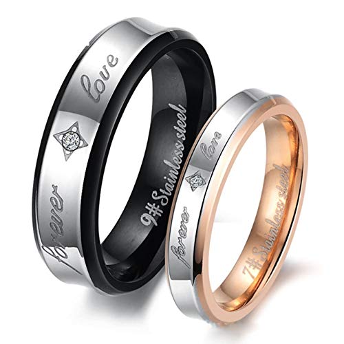 Anyeda Anillos Pareja Acero Inoxidable Anillos de Hombre Oro Rosa Negro Anillo Forever Love Smooth Mujer Anillo Talla 15 & Hombre Anillo Talla 22