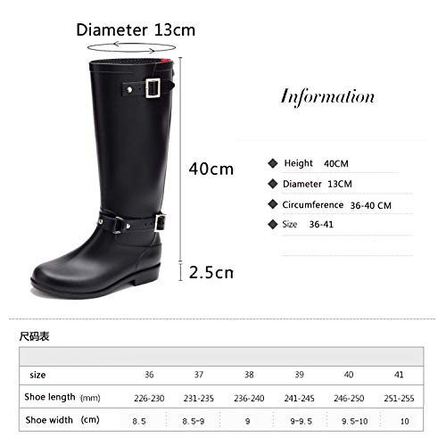 AONEGOLD Botas de Agua Mujer Lluvia Altas Zapato Impermeables Ajustable Cremallera y Hebilla Goma Botas Wellington(Negro 1,38 EU)