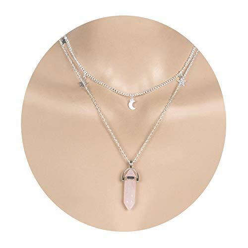 Aooaz Collar de Gargantilla Mujer Luna Estrella Hexagonal Gargantilla Collares para Las Mujeres Multicapa Collar chokers Plata