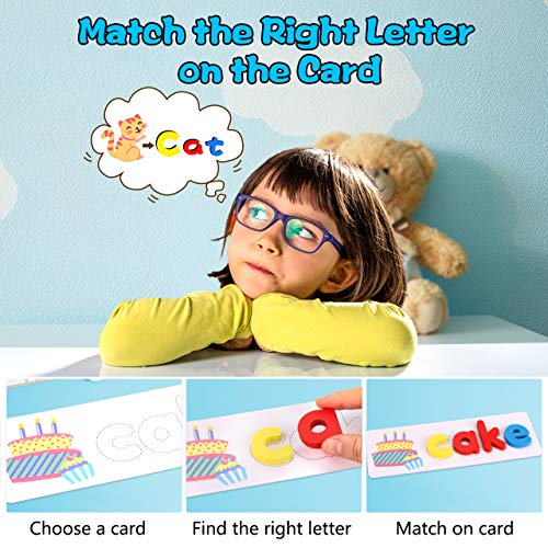 aovowog Juguetes de Bebe,Juego de Letras de Madera Regalos para Niños 3 4 5 6 7 Años,Juguetes Educativos Tempranos,52 Piezas Juegos de Ortografía del Alfabeto para Preescolares para Niños y Niñas