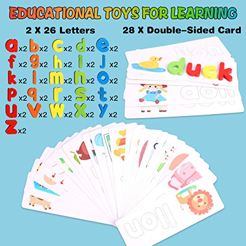 aovowog Juguetes de Bebe,Juego de Letras de Madera Regalos para Niños 3 4 5 6 7 Años,Juguetes Educativos Tempranos,52 Piezas Juegos de Ortografía del Alfabeto para Preescolares para Niños y Niñas