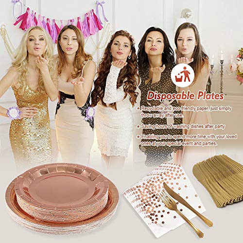APERIL 120 Piezas Juego de vajilla desechable, Platos de Fiesta, Platos de Papel decoración de cumpleaños, Platos de Ensalada, Platos de Cena, servilletas, Tenedores, Cuchillos-Oro Rosa