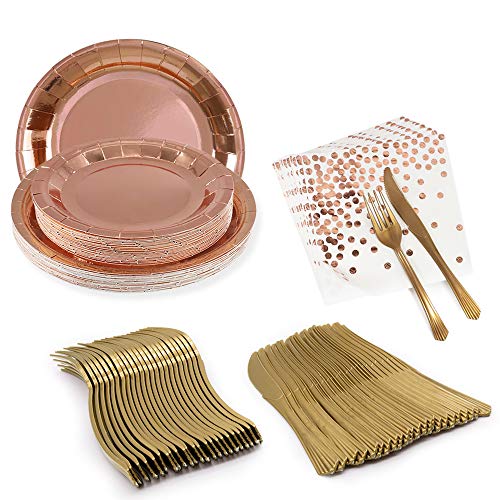 APERIL 120 Piezas Juego de vajilla desechable, Platos de Fiesta, Platos de Papel decoración de cumpleaños, Platos de Ensalada, Platos de Cena, servilletas, Tenedores, Cuchillos-Oro Rosa