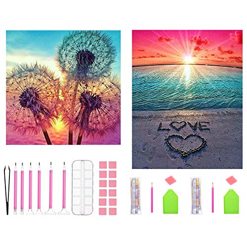 APERIL 2Pcs DIY 5D Diamond Painting, Punto De Cruz Diamante Kit Completo Adultos Niñas Diente De León & Amor De Playa Diamond Por Número Kit Para Rhinestone Bordado Diamante Arte
