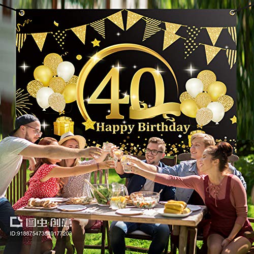 APERIL Decoración de Fiesta de 40 Cumpleaños de Oro Negro, Póster de Tela Cartel Extra Grande para 40 Aniversario Feliz Cumpleaños Pancarta de Fondo Materiales de Fiesta de 40 Años Cumpleaños