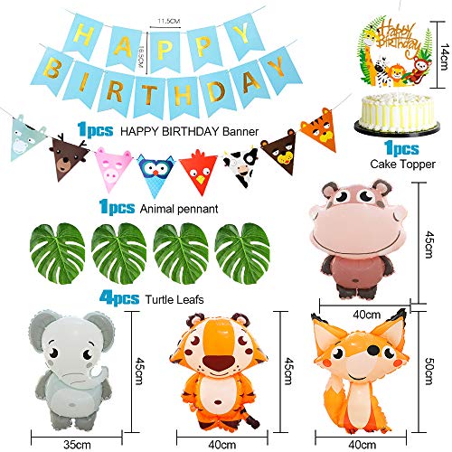 APERIL Feliz Decoracion Cumpleaños 1 Año Fiesta Cumpleaños Infantil Globos Cumpleaños Niño Happy Birthday Decoracion con Hojas de Palma Bosque Animal Latex Globos para Baby Shower Decoración 2 3 4 Año