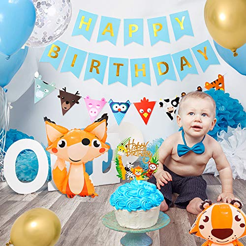 APERIL Feliz Decoracion Cumpleaños 1 Año Fiesta Cumpleaños Infantil Globos Cumpleaños Niño Happy Birthday Decoracion con Hojas de Palma Bosque Animal Latex Globos para Baby Shower Decoración 2 3 4 Año