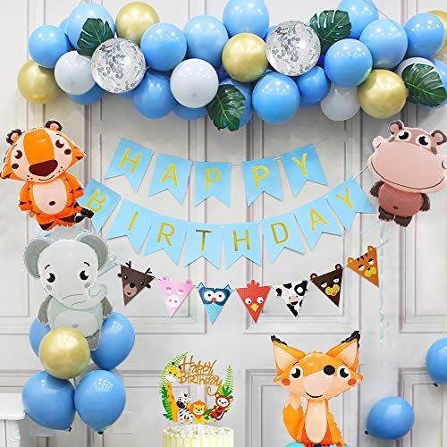 APERIL Feliz Decoracion Cumpleaños 1 Año Fiesta Cumpleaños Infantil Globos Cumpleaños Niño Happy Birthday Decoracion con Hojas de Palma Bosque Animal Latex Globos para Baby Shower Decoración 2 3 4 Año