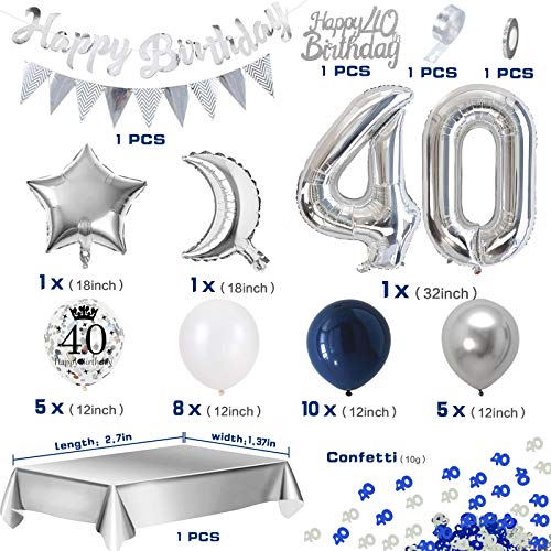 APERIL Globos Cumpleaños 40 Años Decoraciones de Cumpleaños Azul Plata, Pancarta Feliz Cumpleaños, Globos de Confeti Plateados Impresos, Manteles Plateados, 40 Confetti de Mesa, para hombres Mujer