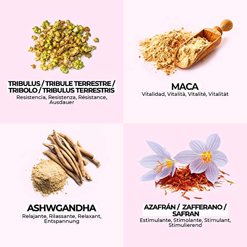 Aphrodite Sensation - Complemento nutricional con Ashwagandha extra concentrado (Sensoril®), Maca Andina, Tribulus Terrestris y Azafran - Estimulante, Energizante y Relajante