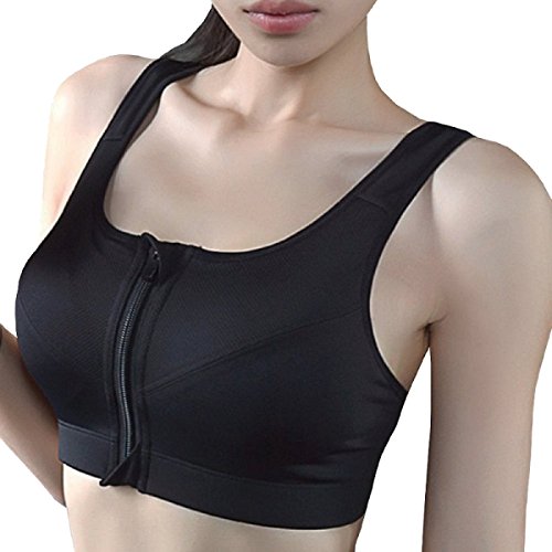 APIKA Sujetador Deportivo Cremallera De Apertura Frontal Sujetador De Entrenamiento Ajustable De Alto Impacto(L,Negro)