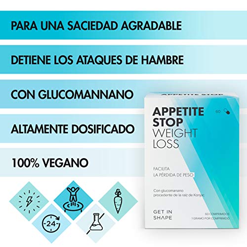 APPETITE STOP – Pastillas para adelgazar - Inhibidor de apetito con 1000mg glucomanano (raíz de Konjac) - 60 cápsulas – de Get In Shape