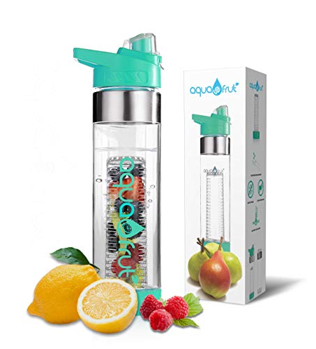 AquaFrut - Botella de agua para infusor de frutas, sin BPA, plástico Tritan, a prueba de fugas, 24 onzas, libro electrónico de recetas de infusión (verde azulado)