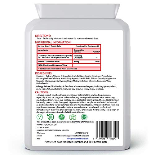 Arándano rojo doble fuerza 10,000 mg 90 tabletas con vitamina C agregada - Suplemento diario de alta fuerza - Fabricado en el Reino Unido | Estándares GMP de Prowise Healthcare