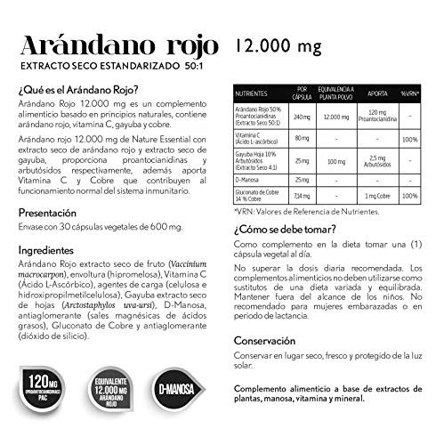 Arándano rojo extracto seco 240 mg (120 mg PAC) 30 cápsulas vegetales con Gayuba, D-manosa, vitamina C y cobre