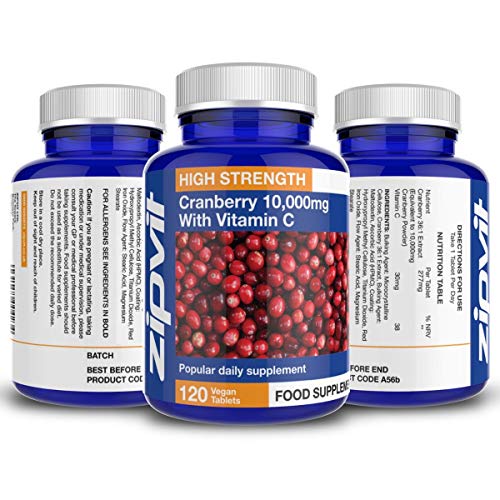 Arándanos Rojos 10000mg Tabletas con Vitamina C, 120 Tabletas Veganas. Suministro por 4 Meses. Hecho en el Reino Unido