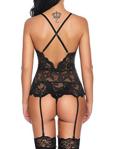 Aranmei Body de Encaje Mujer Conjunto de Lencería Sexy Back Correas Cruzadas Corset Ropa Interior de Cuello en V Profundo sin Medias (Negro, XX-Large)