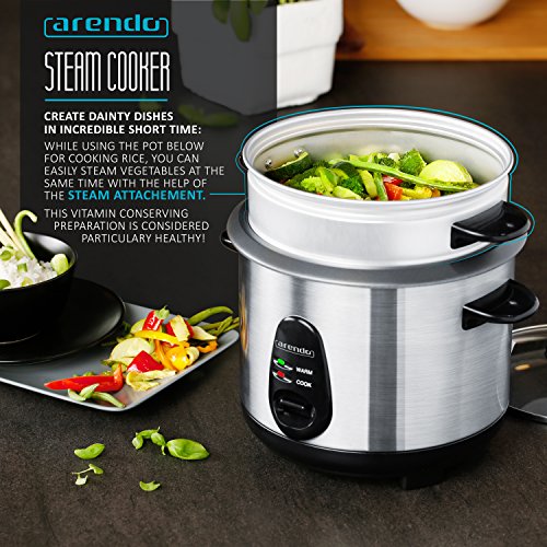 arendo - Vaporera arrocera de Acero Inoxidable - Incl. función de cocción al Vapor - 1 L de Capacidad - Función de Mantenimiento del Calor
