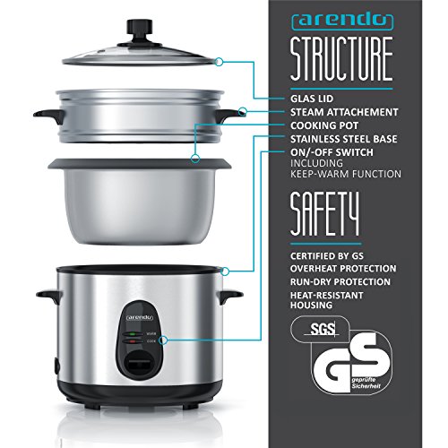 arendo - Vaporera arrocera de Acero Inoxidable - Incl. función de cocción al Vapor - 1 L de Capacidad - Función de Mantenimiento del Calor
