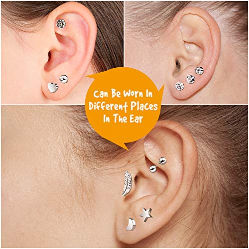 Aretes de acero inoxidable Aretes de bolas redondas Zirconia cúbica Aretes Pendientes Cartílago Oreja Helix Tragus Barbell Piercings para Tragus Cartílago Oreja 12 pares