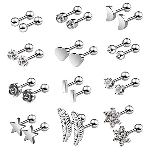 Aretes de acero inoxidable Aretes de bolas redondas Zirconia cúbica Aretes Pendientes Cartílago Oreja Helix Tragus Barbell Piercings para Tragus Cartílago Oreja 12 pares
