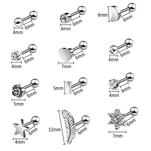 Aretes de acero inoxidable Aretes de bolas redondas Zirconia cúbica Aretes Pendientes Cartílago Oreja Helix Tragus Barbell Piercings para Tragus Cartílago Oreja 12 pares