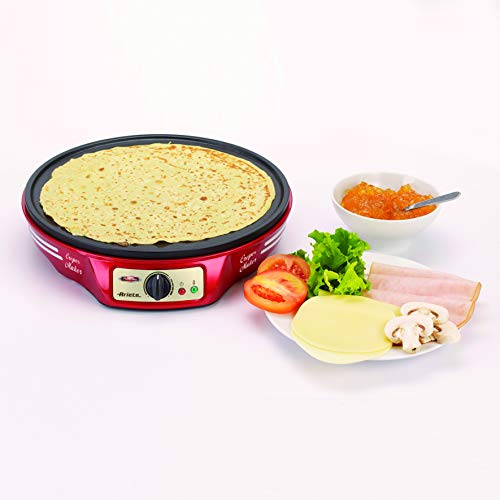 Ariete 183 CREPERA PARTY TIME, 1000 W, termostato regulable, revestimiento antiadherente, 2 espátulas de madera, indicador luminoso encendido, apagado y listo para usar, Negro, Rojo