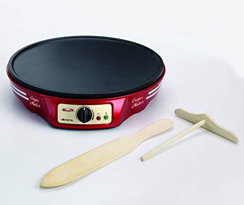Ariete 183 CREPERA PARTY TIME, 1000 W, termostato regulable, revestimiento antiadherente, 2 espátulas de madera, indicador luminoso encendido, apagado y listo para usar, Negro, Rojo