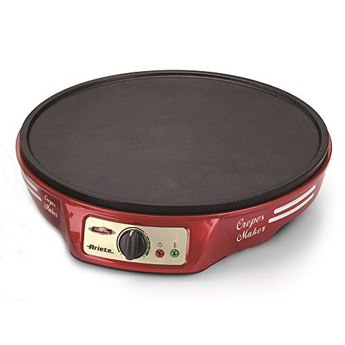 Ariete 183 CREPERA PARTY TIME, 1000 W, termostato regulable, revestimiento antiadherente, 2 espátulas de madera, indicador luminoso encendido, apagado y listo para usar, Negro, Rojo