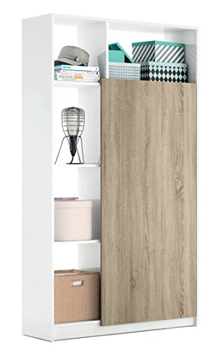 Armario recibidor Color Blanco Brillo y Cambrian con 5 estantes y Barra Interior, Mueble de Entrada. 187cm Altura x 100cm Ancho x 35cm Fondo